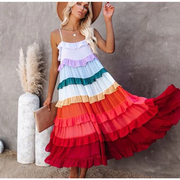 Storia Multicolored Rainbow Ruffle Tiered Midi Dress Small - Picture 1 of 8